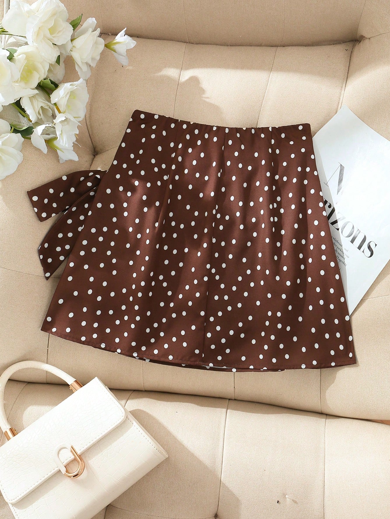 Pariaura High Cinched Waist-Up Brown Polka Dot A-Line Mini Skirt/Cinched Casual/Work Skirt