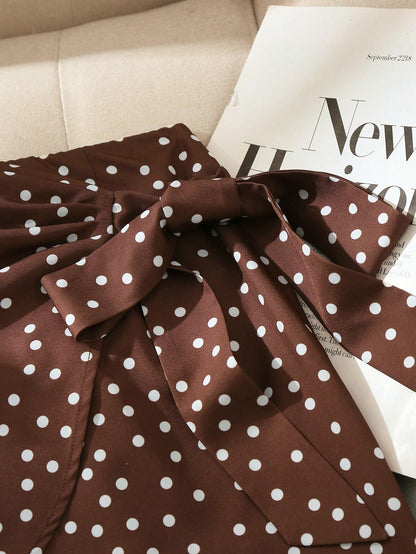 Pariaura High Cinched Waist-Up Brown Polka Dot A-Line Mini Skirt/Cinched Casual/Work Skirt