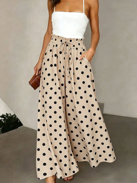 Pariaura Women's French Elegant Retro Polka Dot Wide-Leg Pants, Holiday High-Waisted Drawstring Chiffon Drape Relaxed Summer Office Casual