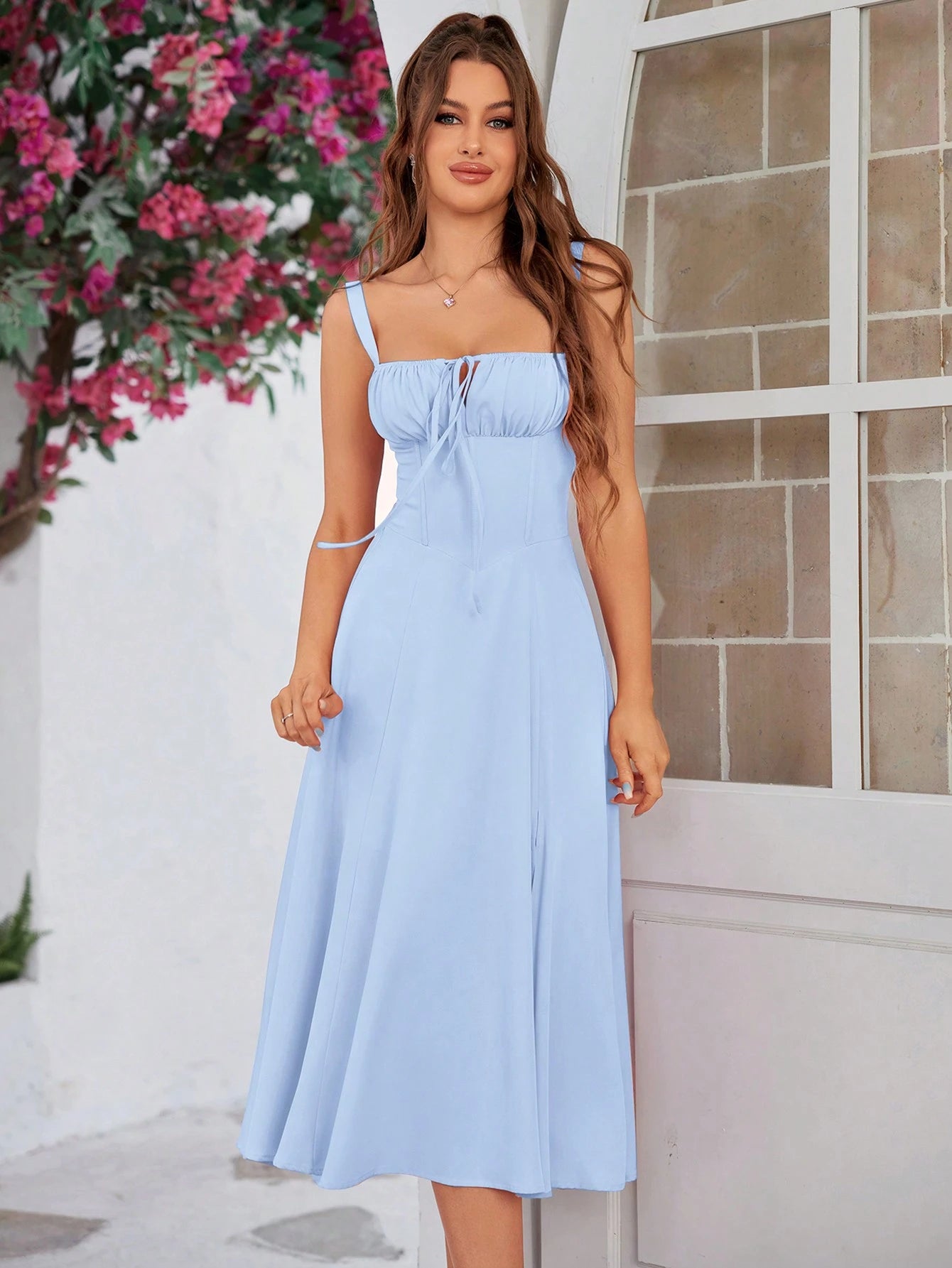 PARTHEA Summer Solid Color Tie Back Ruched Bodice Design Camisole Dress Elegant