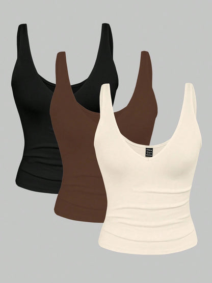 Pcs/Set Plus Size Women Leopard Print & Solid Color V-Neck Cropped Tank Tops, Summer