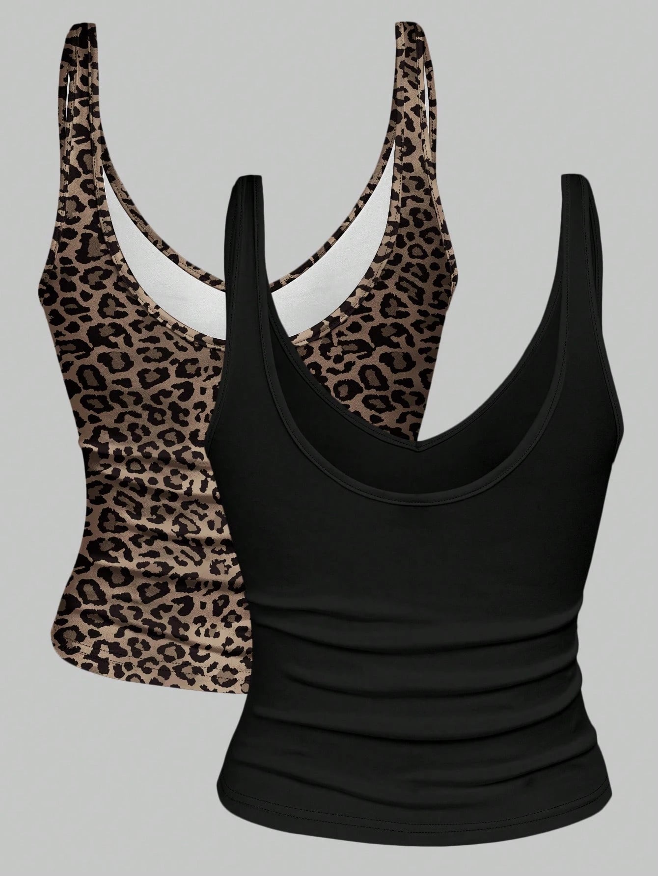 Pcs/Set Plus Size Women Leopard Print & Solid Color V-Neck Cropped Tank Tops, Summer