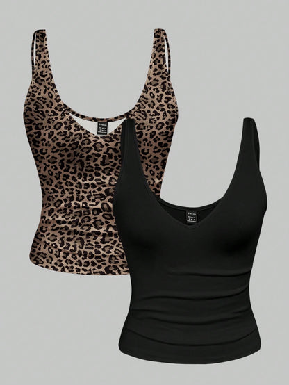 Pcs/Set Plus Size Women Leopard Print & Solid Color V-Neck Cropped Tank Tops, Summer