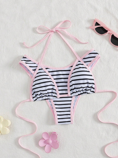 PEPPERMOLLY Women's Sexy & Fashionable Black & White 2 Pieces Swimsuit, Summer Beach Bikini Set Vacation