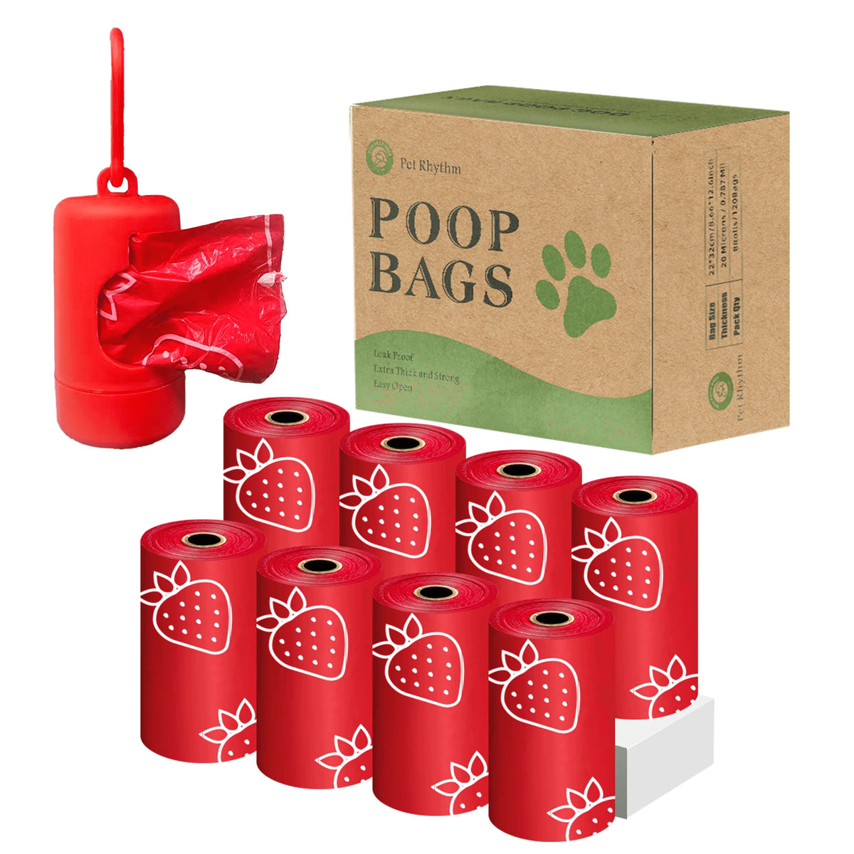 Pet rhythm 630pcs Strawberry Scented Dog Poop Bags- Red Pet Waste Bags With Dispenser, Extra Large 13x9 Inch Leak-Proof Scented Bags For Walking Dogs And Cat Litter