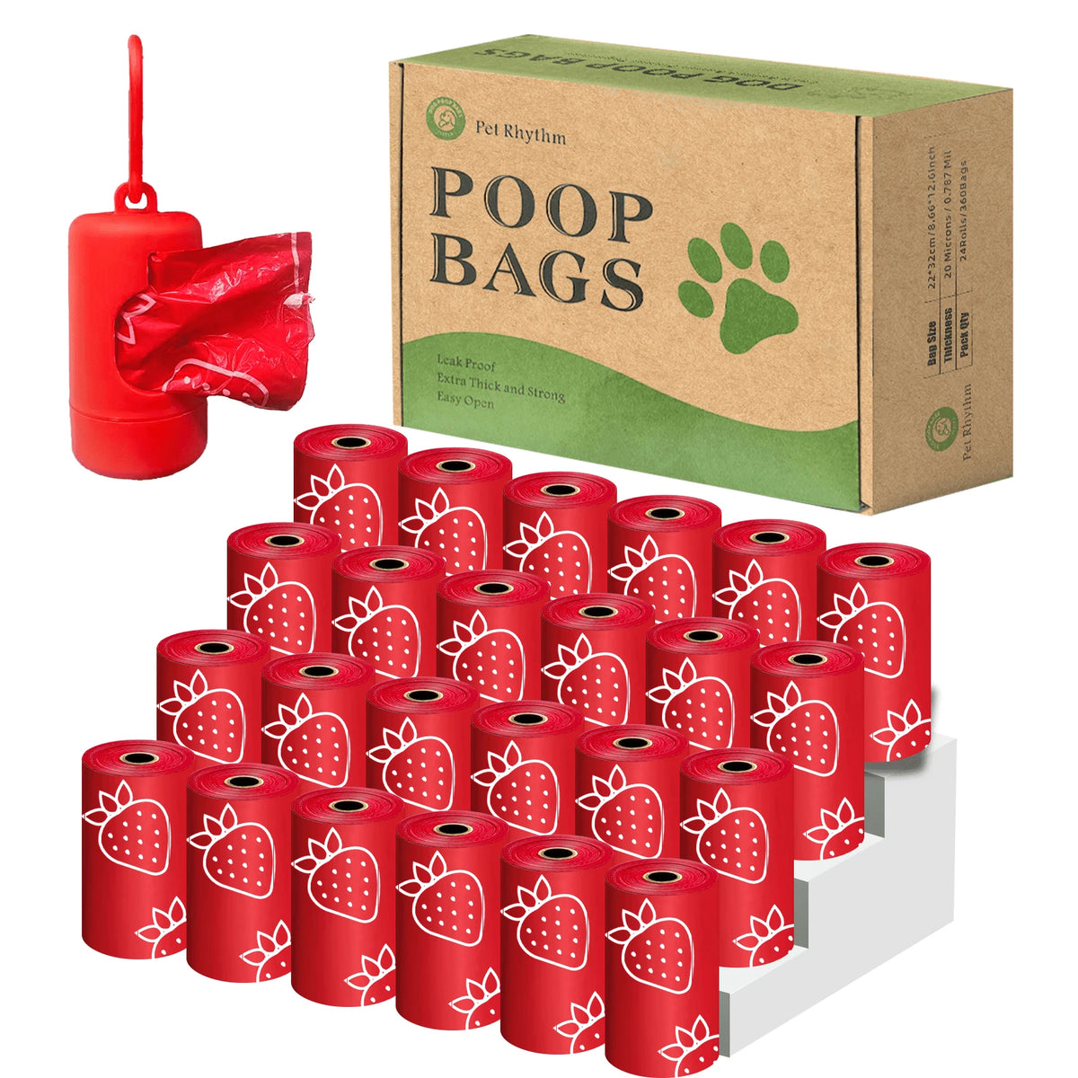 Pet rhythm 630pcs Strawberry Scented Dog Poop Bags- Red Pet Waste Bags With Dispenser, Extra Large 13x9 Inch Leak-Proof Scented Bags For Walking Dogs And Cat Litter