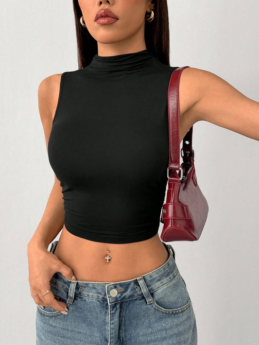 PETITE Black Mock Neck Ruched Tank Top Simple Fashionable Daily Basic Simple Casual,Petite Women Night Out Summer