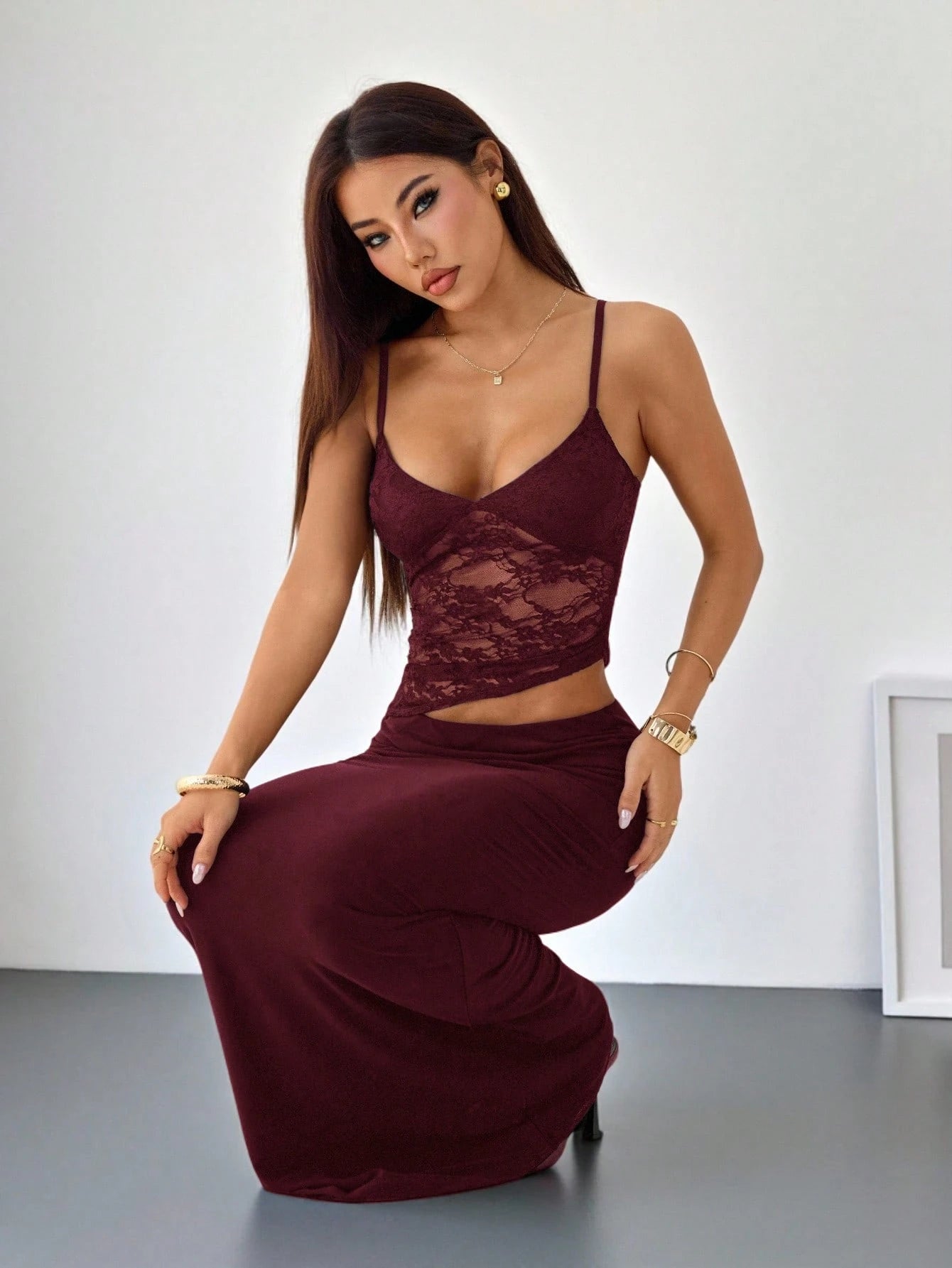 PETITE Burgundy Summer Elegant Party Night Contrast Lace See-Through Cut Out Waist Suspender Maxi Dress,Women's Tight Skirt Set For Beach Vacation,Petite Women