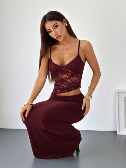 PETITE Burgundy Summer Elegant Party Night Contrast Lace See-Through Cut Out Waist Suspender Maxi Dress,Women's Tight Skirt Set For Beach Vacation,Petite Women