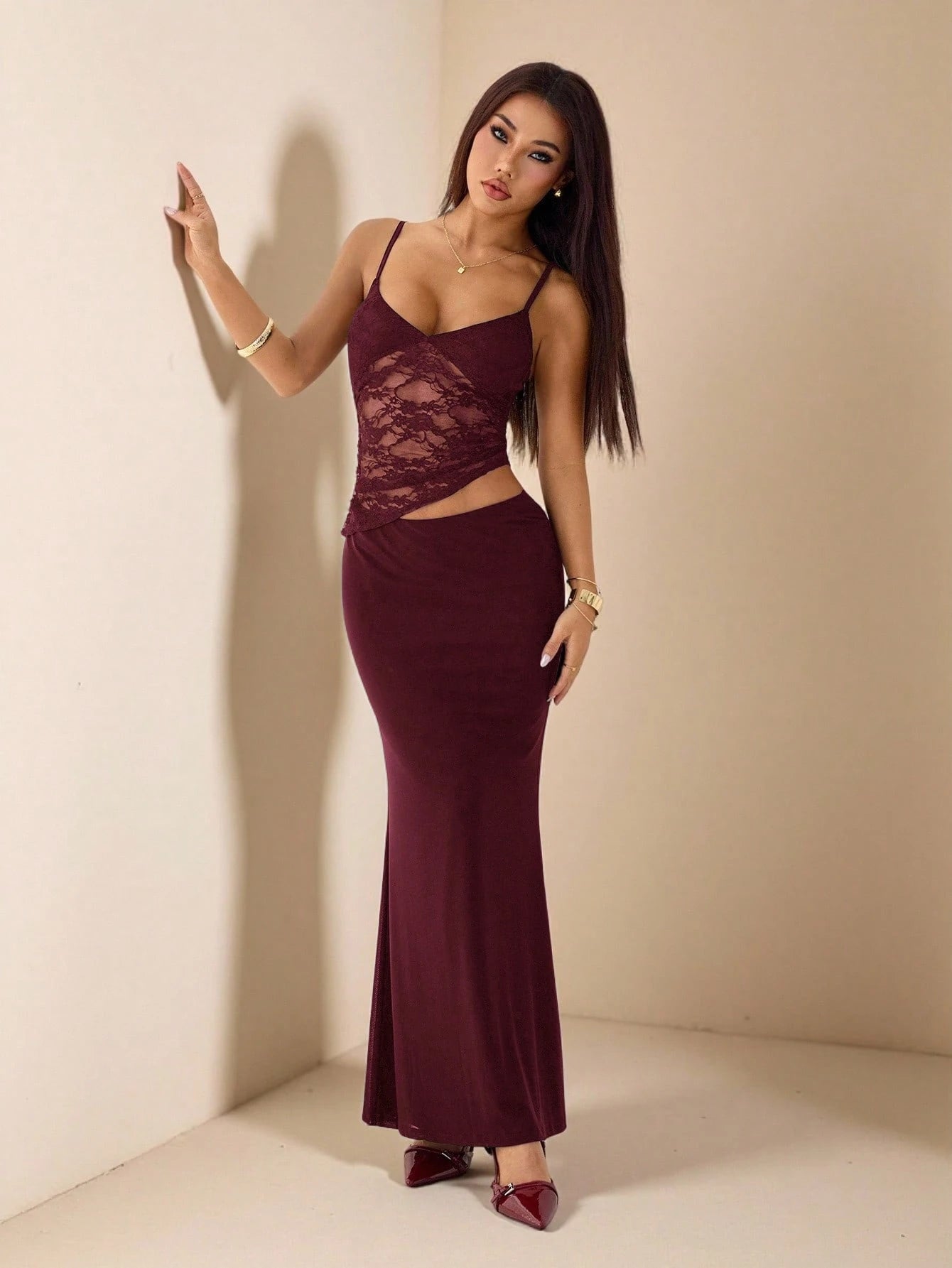 PETITE Burgundy Summer Elegant Party Night Contrast Lace See-Through Cut Out Waist Suspender Maxi Dress,Women's Tight Skirt Set For Beach Vacation,Petite Women