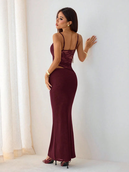 PETITE Burgundy Summer Elegant Party Night Contrast Lace See-Through Cut Out Waist Suspender Maxi Dress,Women's Tight Skirt Set For Beach Vacation,Petite Women