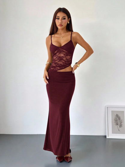 PETITE Burgundy Summer Elegant Party Night Contrast Lace See-Through Cut Out Waist Suspender Maxi Dress,Women's Tight Skirt Set For Beach Vacation,Petite Women