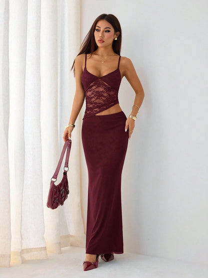 PETITE Burgundy Summer Elegant Party Night Contrast Lace See-Through Cut Out Waist Suspender Maxi Dress,Women's Tight Skirt Set For Beach Vacation,Petite Women