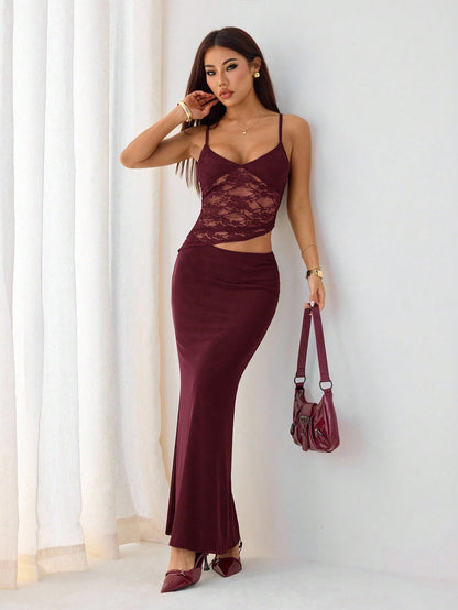 PETITE Burgundy Summer Elegant Party Night Contrast Lace See-Through Cut Out Waist Suspender Maxi Dress,Women's Tight Skirt Set For Beach Vacation,Petite Women