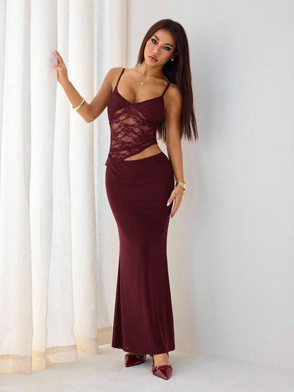 PETITE Burgundy Summer Elegant Party Night Contrast Lace See-Through Cut Out Waist Suspender Maxi Dress,Women's Tight Skirt Set For Beach Vacation,Petite Women