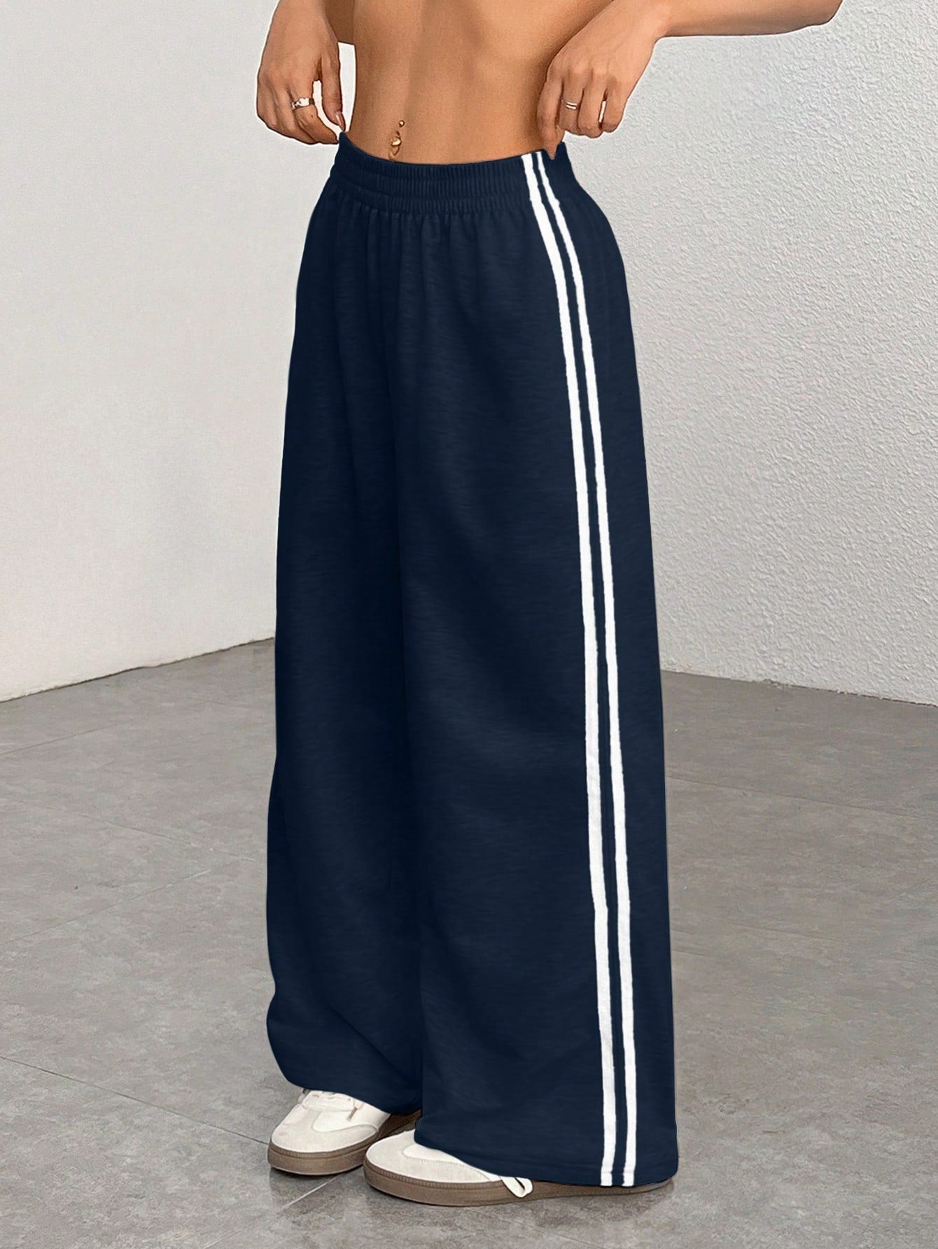 PETITE Casual Navy Blue Sweatpants With Side Stripe Design For Comfortable Everyday Looks,Petite Women