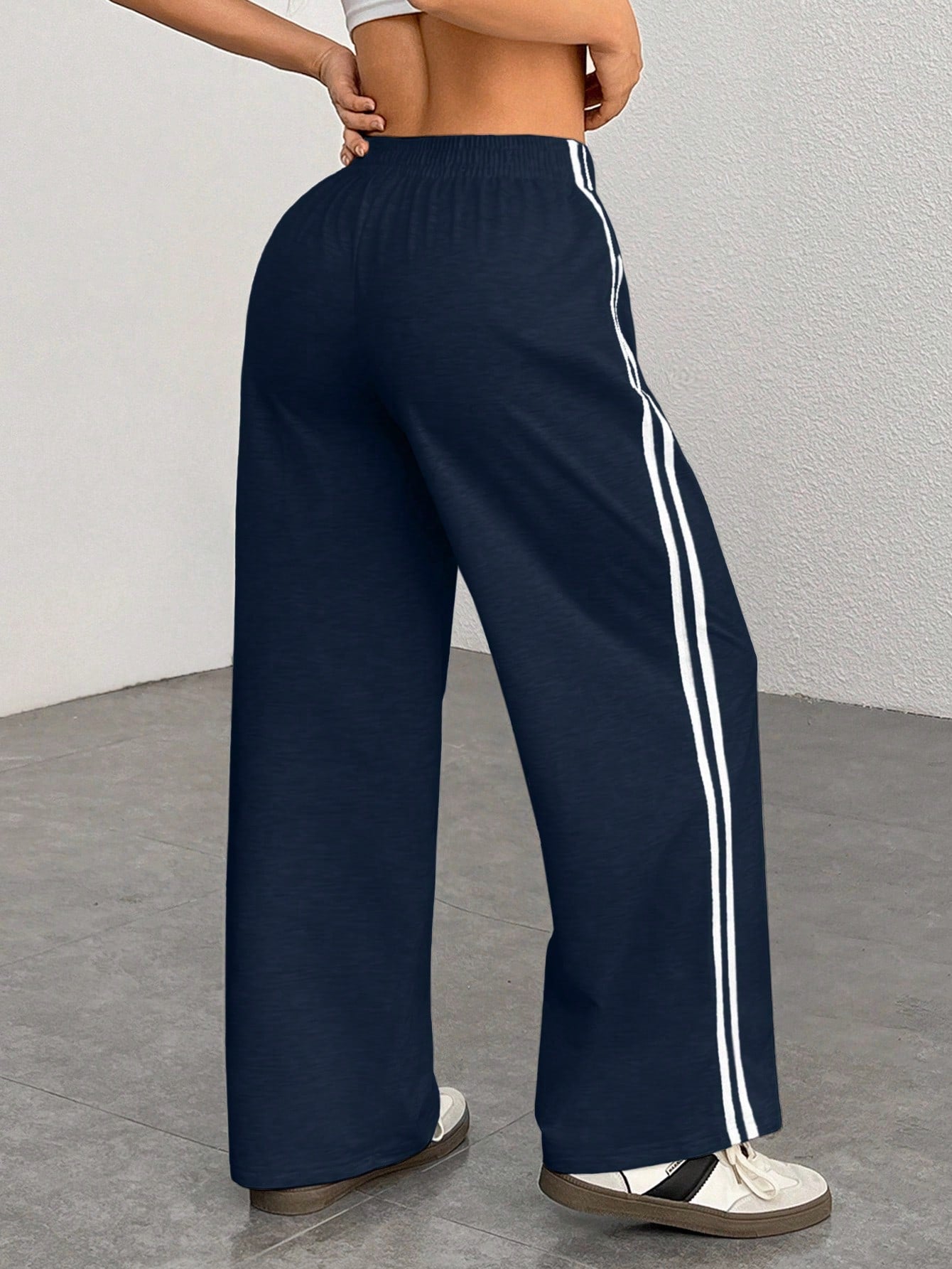PETITE Casual Navy Blue Sweatpants With Side Stripe Design For Comfortable Everyday Looks,Petite Women