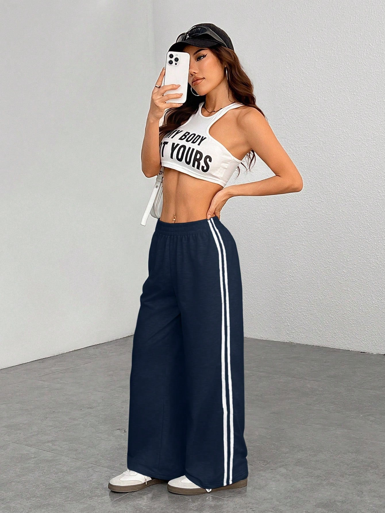 PETITE Casual Navy Blue Sweatpants With Side Stripe Design For Comfortable Everyday Looks,Petite Women