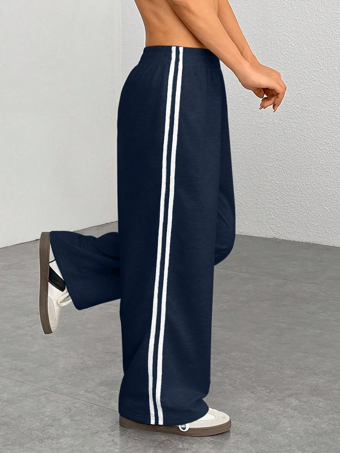 PETITE Casual Navy Blue Sweatpants With Side Stripe Design For Comfortable Everyday Looks,Petite Women