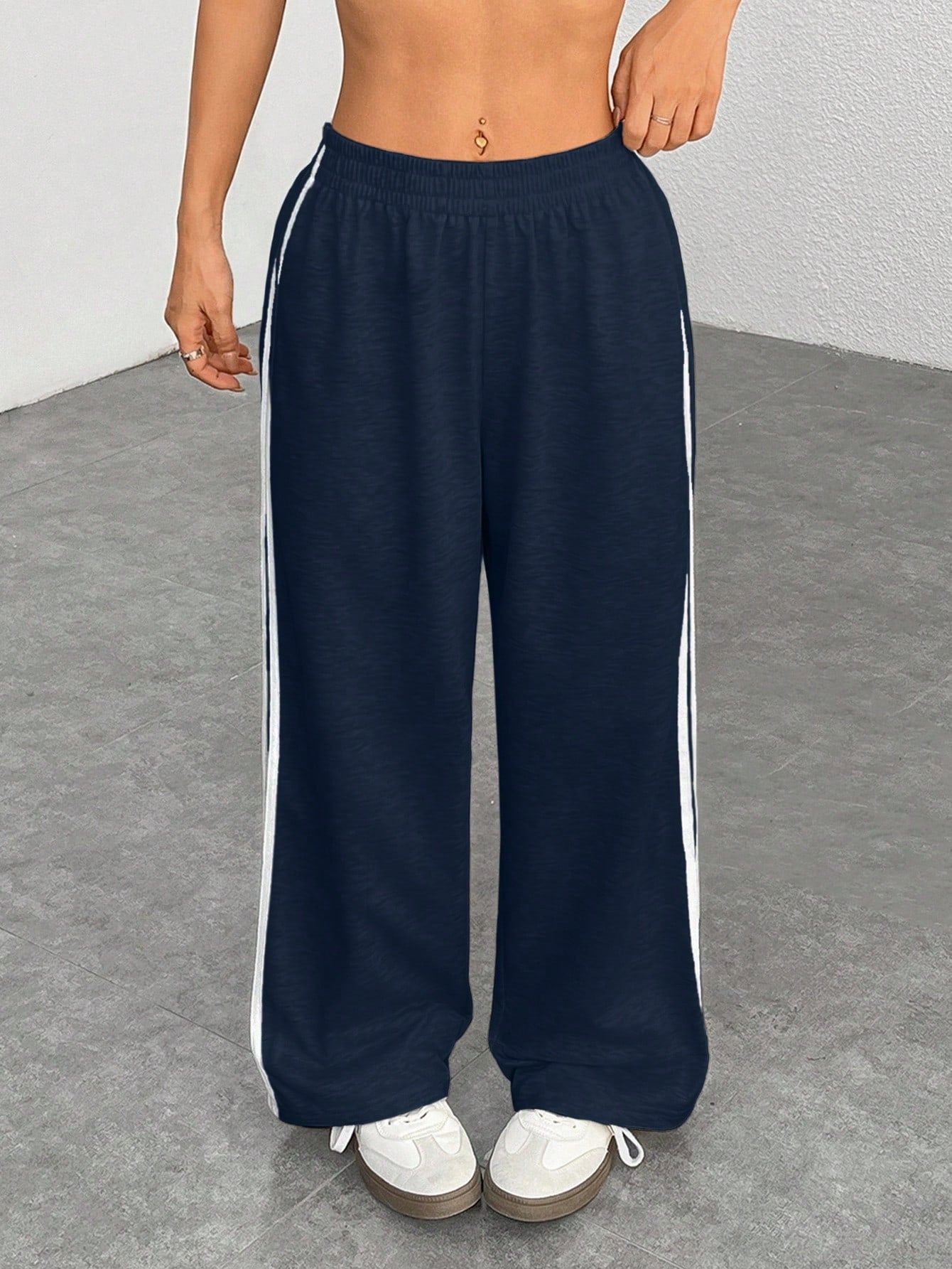 PETITE Casual Navy Blue Sweatpants With Side Stripe Design For Comfortable Everyday Looks,Petite Women