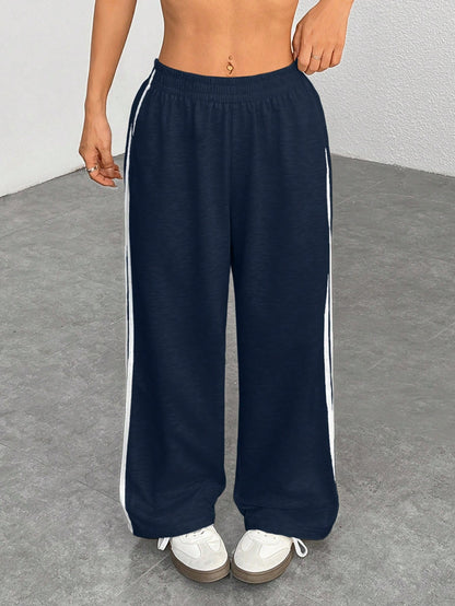 PETITE Casual Navy Blue Sweatpants With Side Stripe Design For Comfortable Everyday Looks,Petite Women