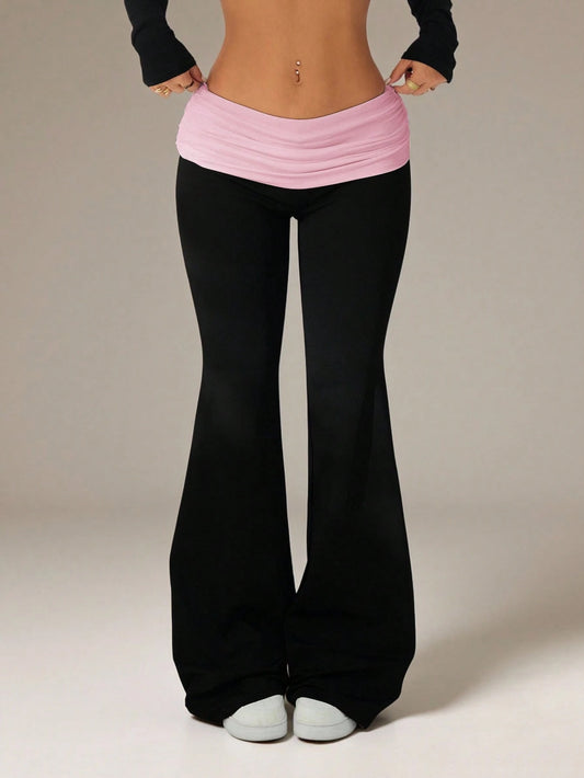 PETITE Contrast Color Fold Waist Flare Pants,Petite Women