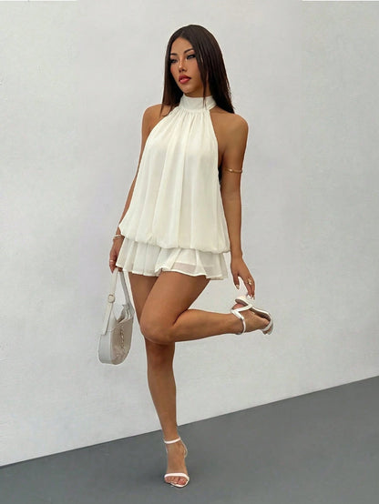 PETITE Elegant Sleeveless Tie-Neck Mini Dress In Pale Yellow, Suitable For Party, Date, Autumn/Winter And Spring/Summer,Petite Women