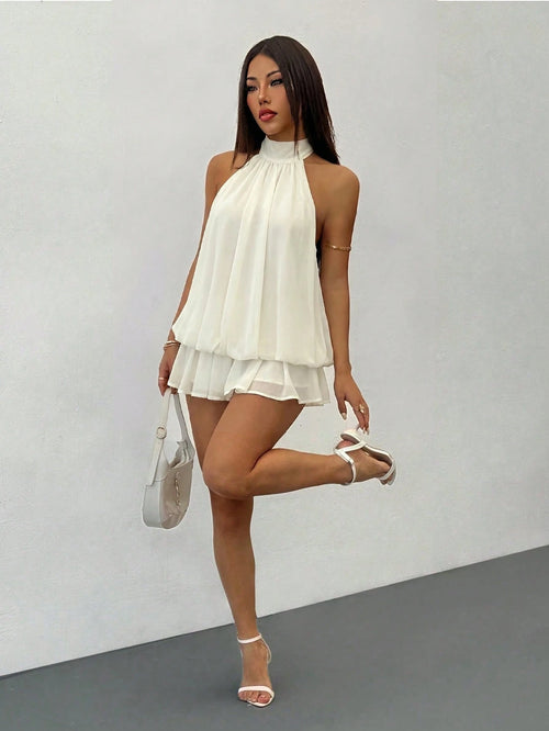 PETITE Elegant Sleeveless Tie-Neck Mini Dress In Pale Yellow, Suitable For Party, Date, Autumn/Winter And Spring/Summer,Petite Women
