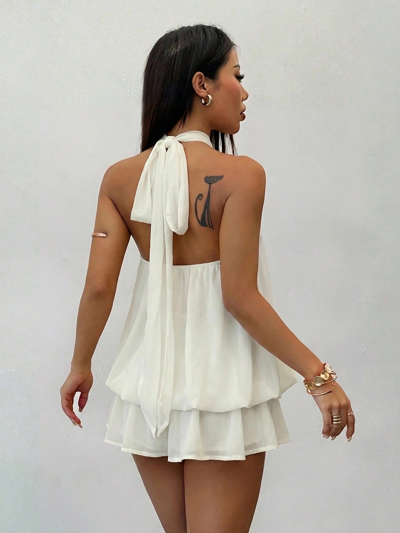 PETITE Elegant Sleeveless Tie-Neck Mini Dress In Pale Yellow, Suitable For Party, Date, Autumn/Winter And Spring/Summer,Petite Women