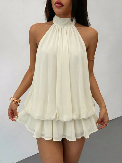 PETITE Elegant Sleeveless Tie-Neck Mini Dress In Pale Yellow, Suitable For Party, Date, Autumn/Winter And Spring/Summer,Petite Women
