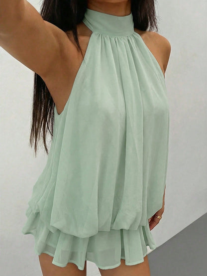 PETITE Elegant Sleeveless Tie-Neck Mini Dress In Pale Yellow, Suitable For Party, Date, Autumn/Winter And Spring/Summer,Petite Women