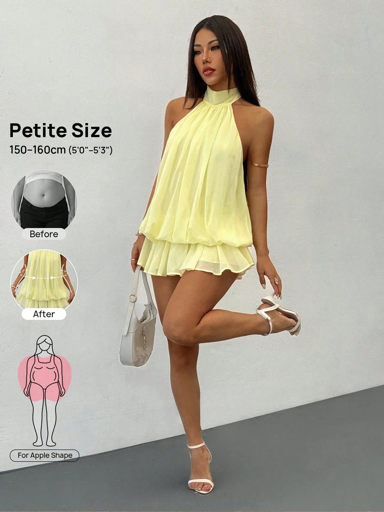 PETITE Elegant Sleeveless Tie-Neck Mini Dress In Pale Yellow, Suitable For Party, Date, Autumn/Winter And Spring/Summer,Petite Women