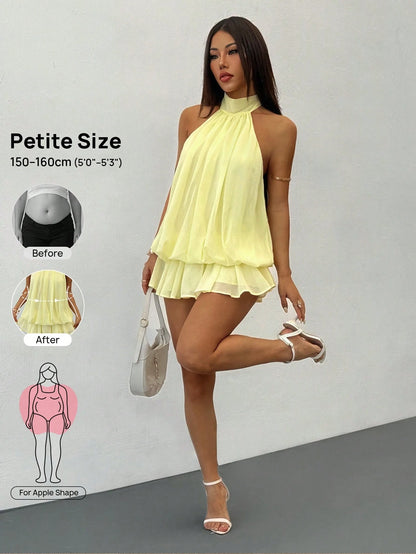 PETITE Elegant Sleeveless Tie-Neck Mini Dress In Pale Yellow, Suitable For Party, Date, Autumn/Winter And Spring/Summer,Petite Women