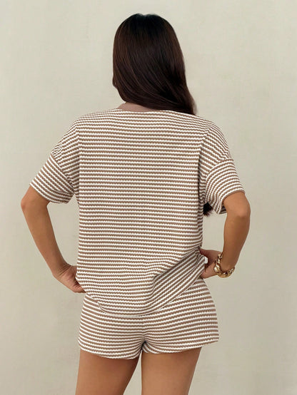 PETITE Loose Fit Round Neck Short Sleeve White And Brown Casual Summer T-Shirt Set,Summer Outfits For Women,Petite Women Lounge