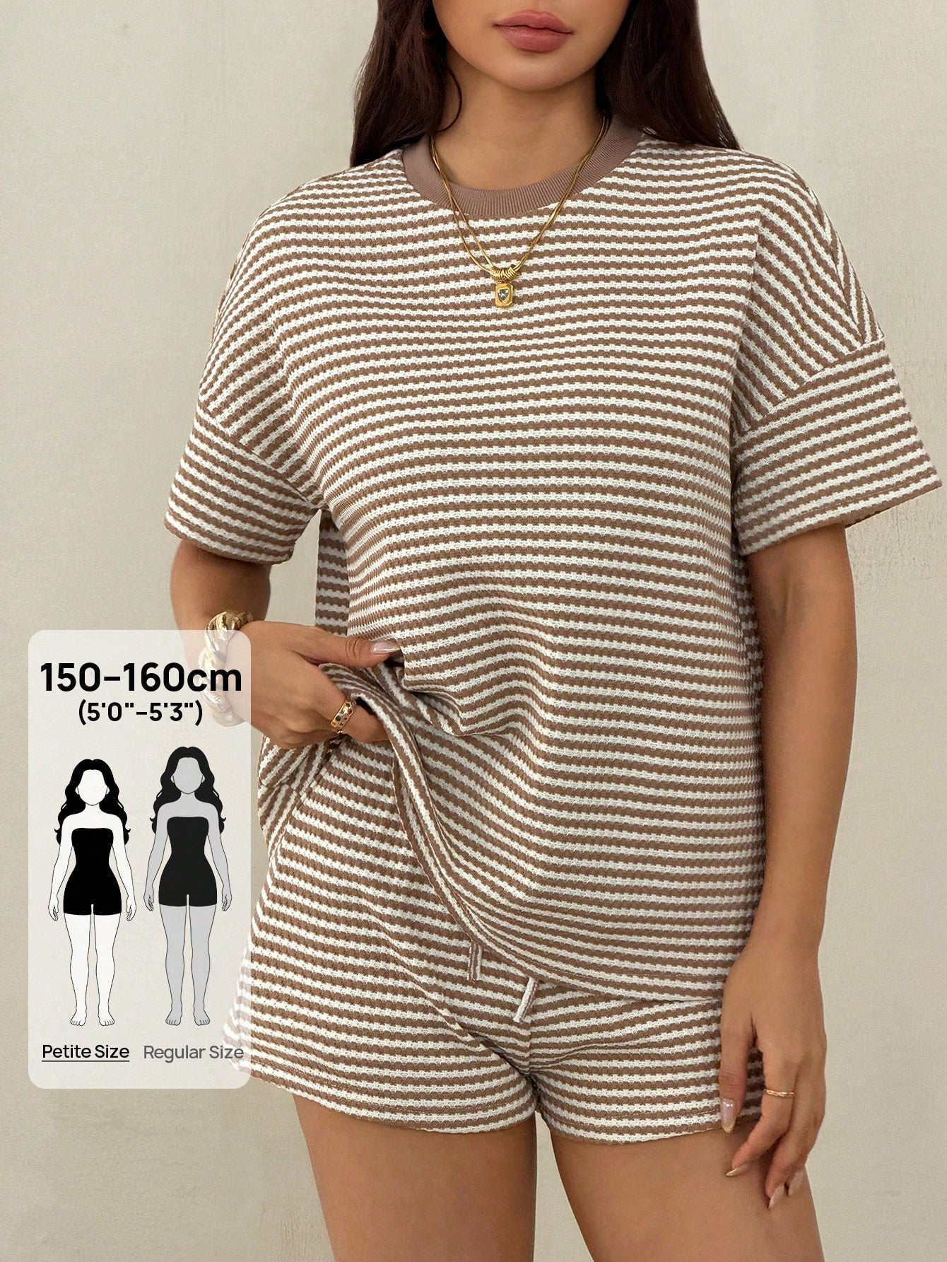 PETITE Loose Fit Round Neck Short Sleeve White And Brown Casual Summer T-Shirt Set,Summer Outfits For Women,Petite Women Lounge