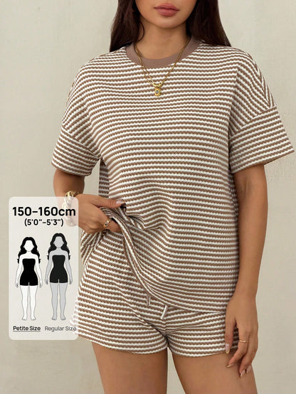 PETITE Loose Fit Round Neck Short Sleeve White And Brown Casual Summer T-Shirt Set,Summer Outfits For Women,Petite Women Lounge