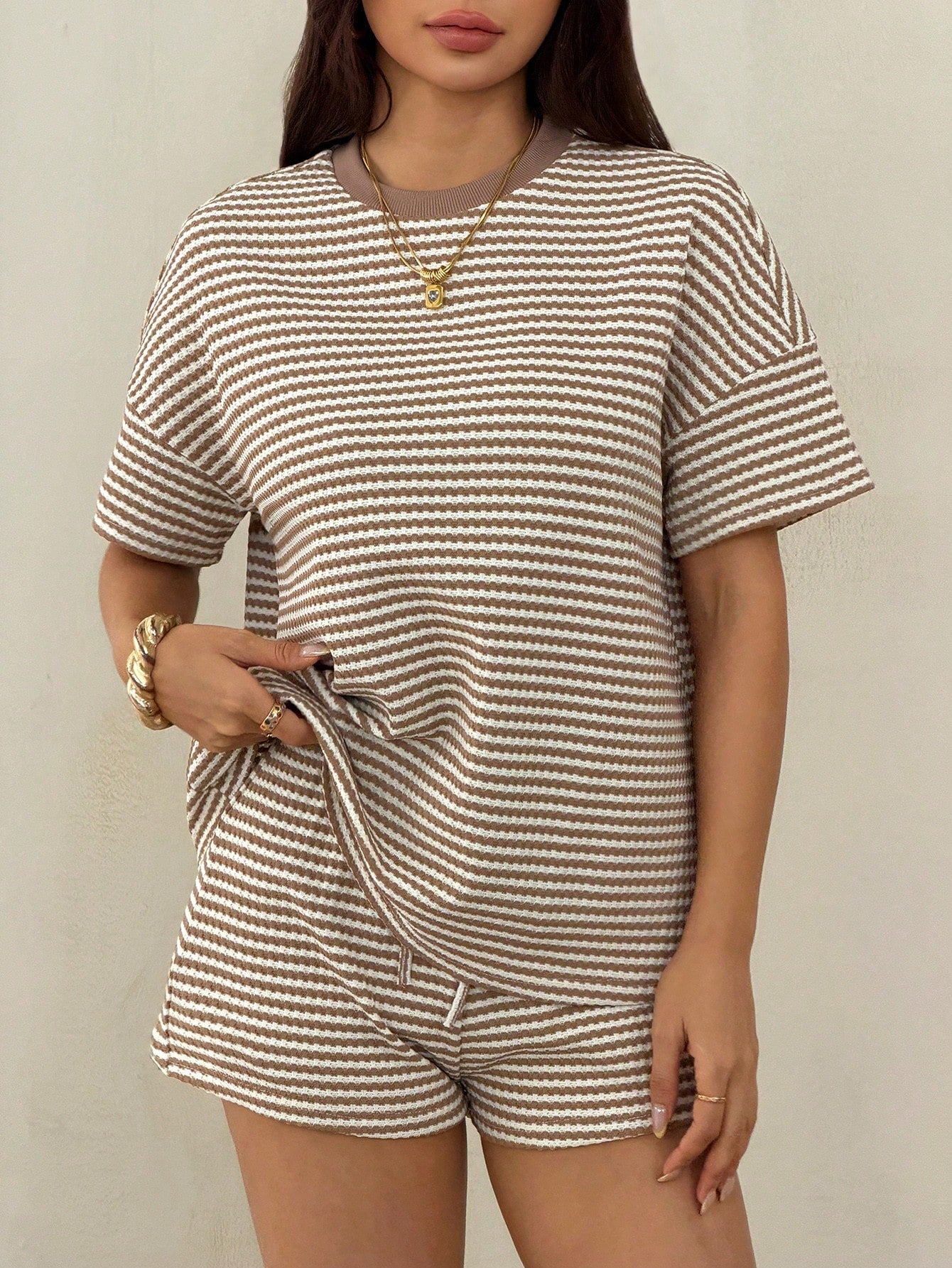 PETITE Loose Fit Round Neck Short Sleeve White And Brown Casual Summer T-Shirt Set,Summer Outfits For Women,Petite Women Lounge