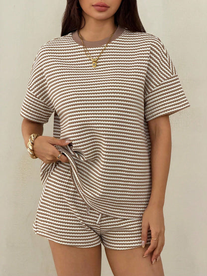PETITE Loose Fit Round Neck Short Sleeve White And Brown Casual Summer T-Shirt Set,Summer Outfits For Women,Petite Women Lounge