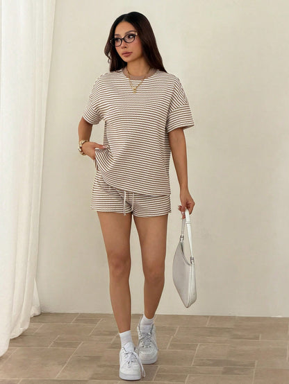 PETITE Loose Fit Round Neck Short Sleeve White And Brown Casual Summer T-Shirt Set,Summer Outfits For Women,Petite Women Lounge