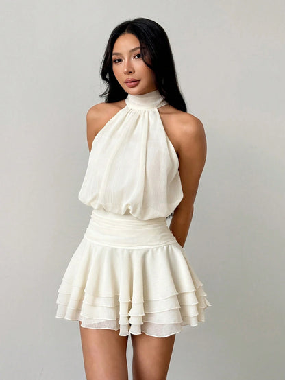 PETITE Women's Cream White Tie-Up Ruffle Layered Mini Dress Birthday Wedding Season Back To School Spring/Summer Petite Vacation Elegant Romantic
