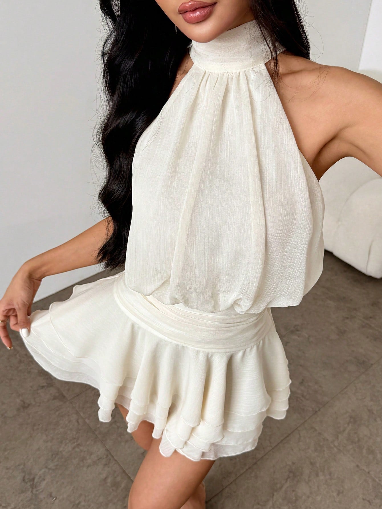 PETITE Women's Cream White Tie-Up Ruffle Layered Mini Dress Birthday Wedding Season Back To School Spring/Summer Petite Vacation Elegant Romantic