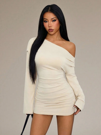 PETITE Women's Fashion Sexy Solid Color Asymmetric Neck Mini Dress,Dresses For Women Summer,Petite Women