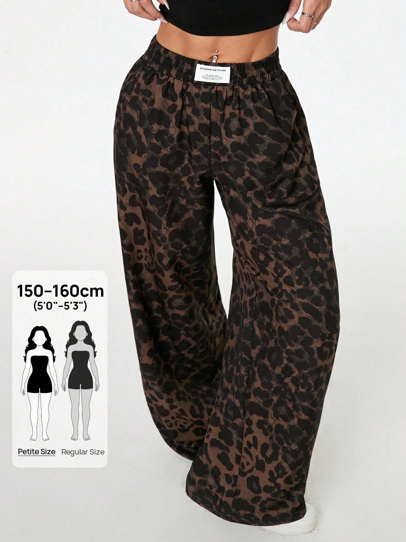 PETITE Women's Leopard Print Woven Waistband Patchwork Wide Leg Street Casual Trousers Cheetah Print Pants,Petite Women Lounge Brown Summer
