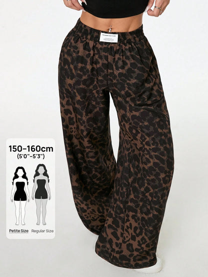PETITE Women's Leopard Print Woven Waistband Patchwork Wide Leg Street Casual Trousers Cheetah Print Pants,Petite Women Lounge Brown Summer