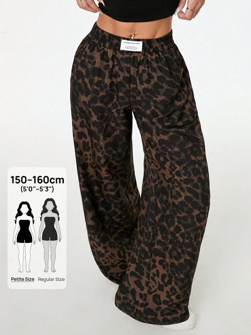 PETITE Women's Leopard Print Woven Waistband Patchwork Wide Leg Street Casual Trousers Cheetah Print Pants,Petite Women Lounge Brown Summer