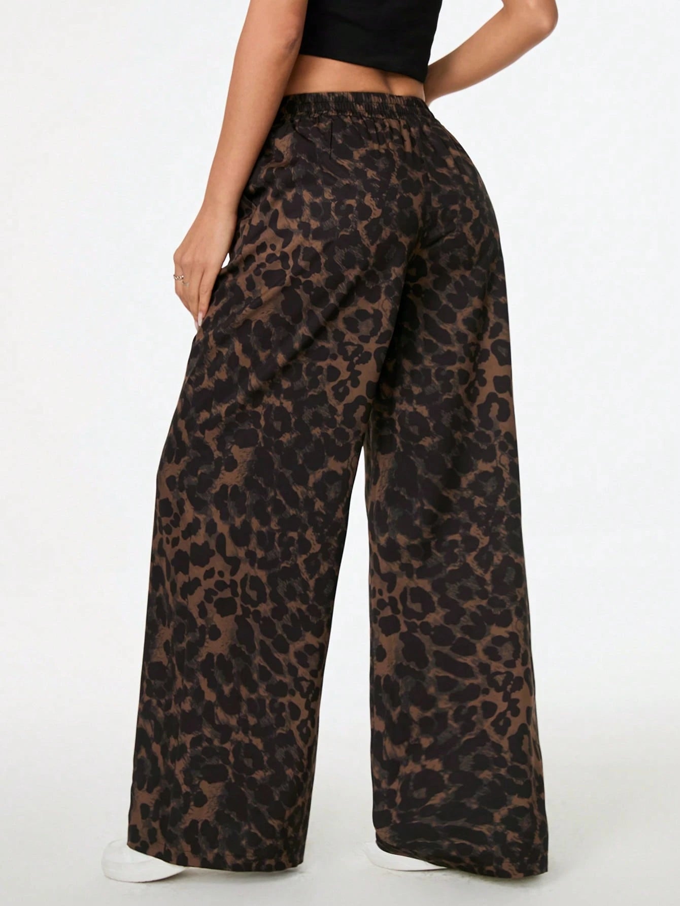 PETITE Women's Leopard Print Woven Waistband Patchwork Wide Leg Street Casual Trousers Cheetah Print Pants,Petite Women Lounge Brown Summer