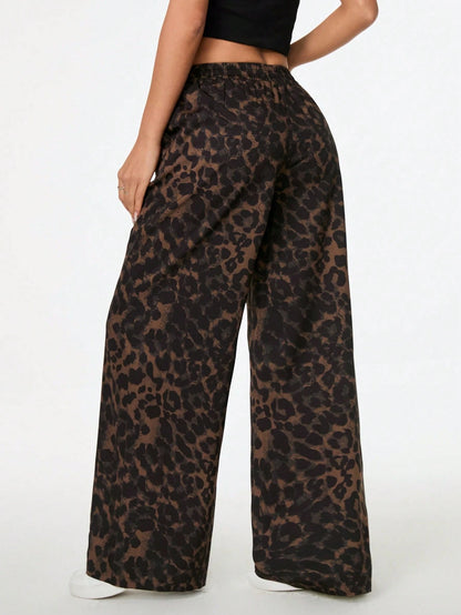 PETITE Women's Leopard Print Woven Waistband Patchwork Wide Leg Street Casual Trousers Cheetah Print Pants,Petite Women Lounge Brown Summer