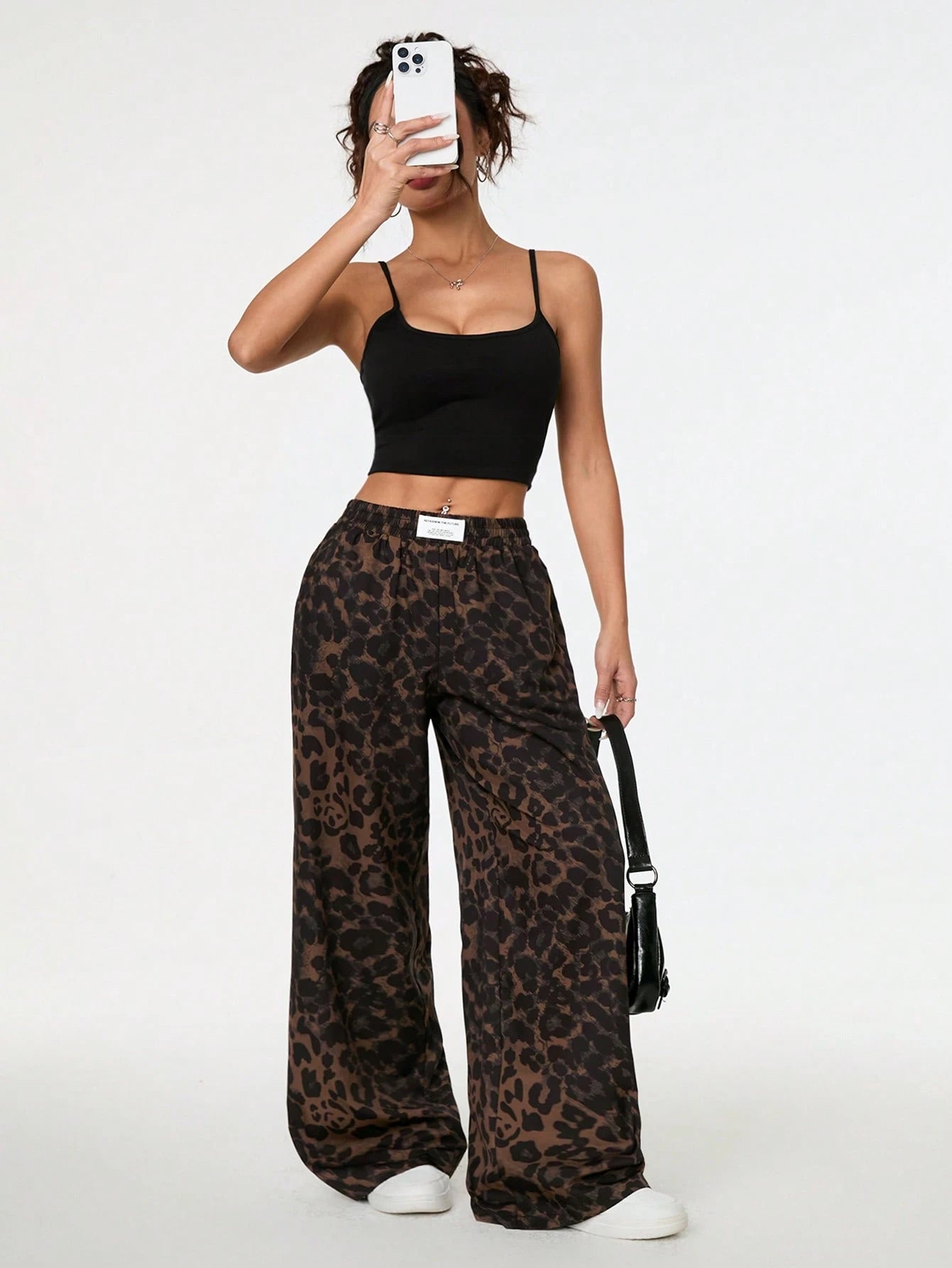 PETITE Women's Leopard Print Woven Waistband Patchwork Wide Leg Street Casual Trousers Cheetah Print Pants,Petite Women Lounge Brown Summer