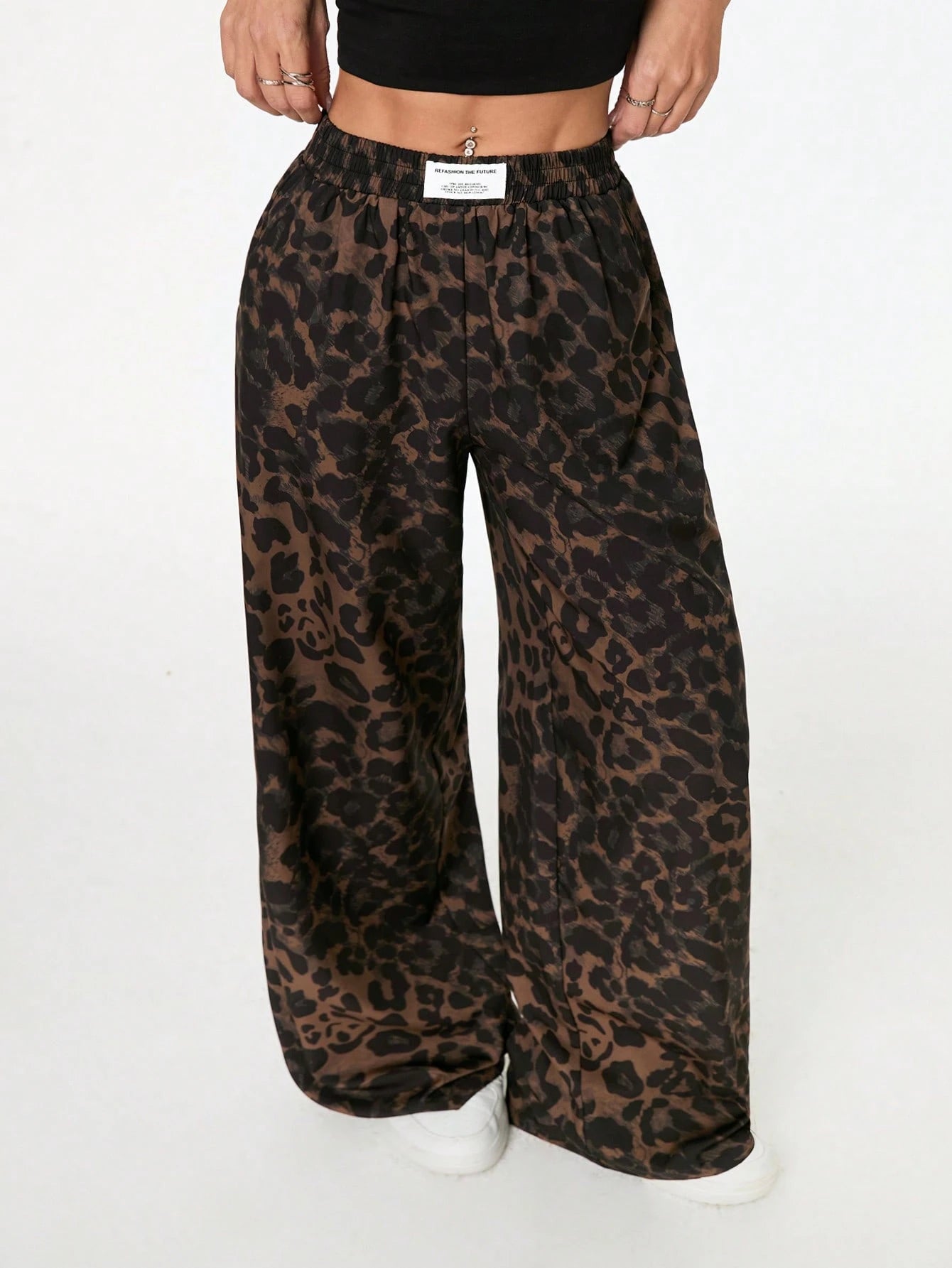 PETITE Women's Leopard Print Woven Waistband Patchwork Wide Leg Street Casual Trousers Cheetah Print Pants,Petite Women Lounge Brown Summer