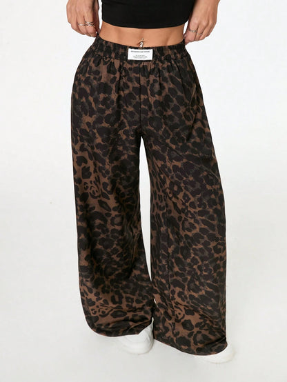 PETITE Women's Leopard Print Woven Waistband Patchwork Wide Leg Street Casual Trousers Cheetah Print Pants,Petite Women Lounge Brown Summer